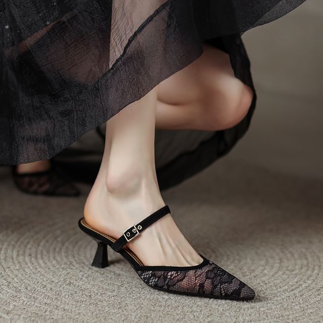 Toe Mules Pointed Kitten Floral Mesh Heel