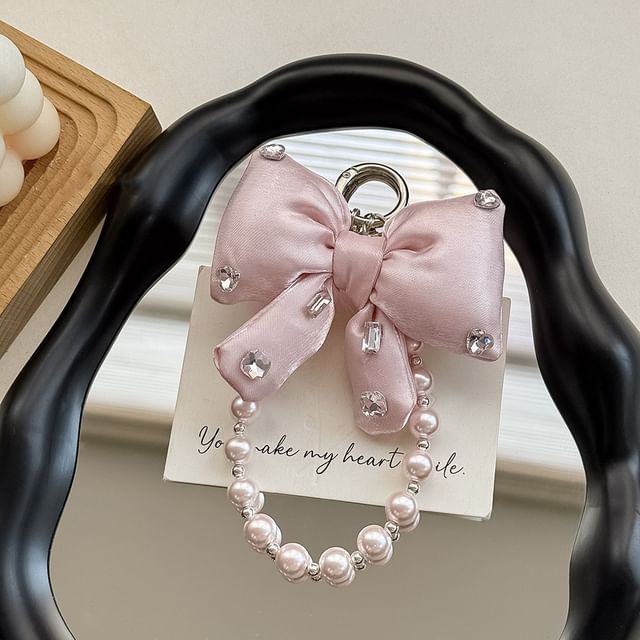 Charm Phone Pad Lanyard Rhinestone Bow with Pearl Faux