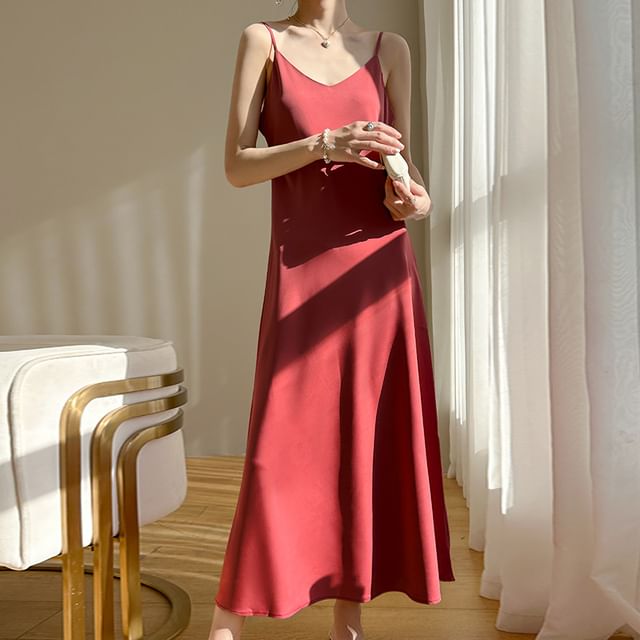 A-Line Satin V-Neck Dress Midi Plain Spaghetti Strap
