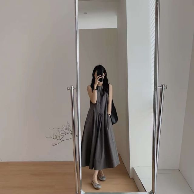 Dress Pleated Sleeveless Crew A-Line Plain Neck Midi