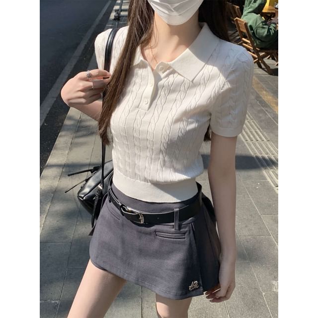 Plain Crop Polo Shirt Cable Knit Short-Sleeve