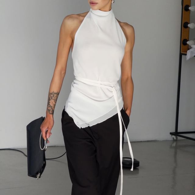 Mock Slim Fit Crop Top Neck Back Halter Plain Asymmetrical Open