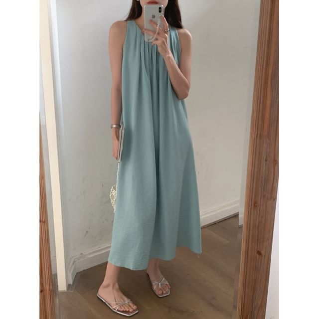 Pleated Cutout Maxi A-Line Sleeveless Round Neck Dress