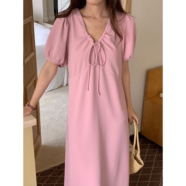 Short Sleeve V-Neck Drawstring Maxi A-Line Dress