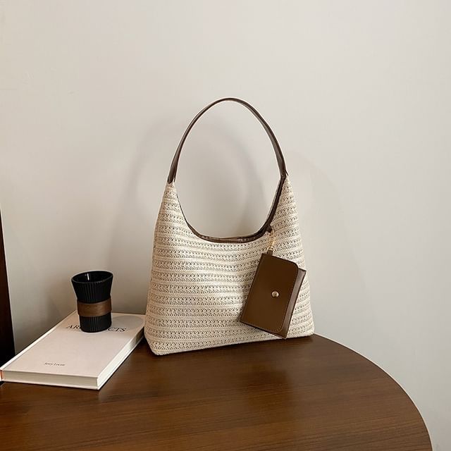 Faux Leather Trim Woven Shoulder Bag