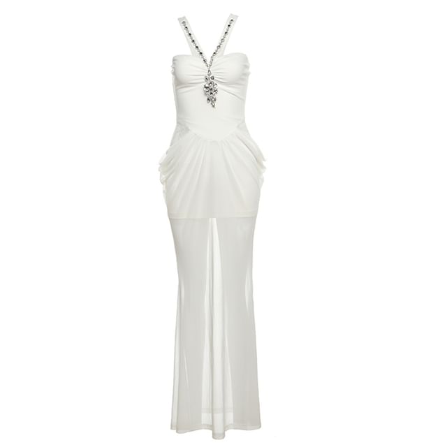 Halter Neck Lace Panel Rhinestone Accent Ruched Mesh Mermaid Maxi Dress