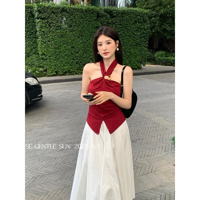 Neck Top Crop Plain Slit Halter Camisole