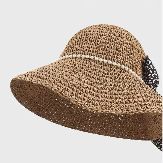 Bow Faux Pearl Straw Bucket Hat