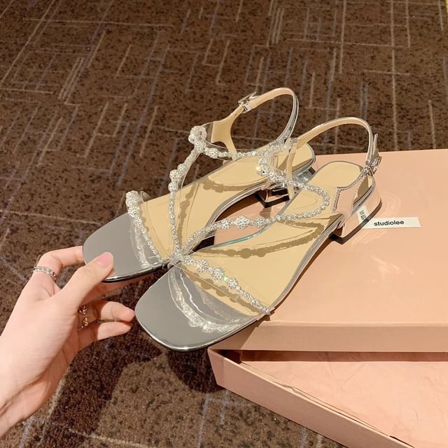 Strappy Heel Rhinestone Chunky Sandals