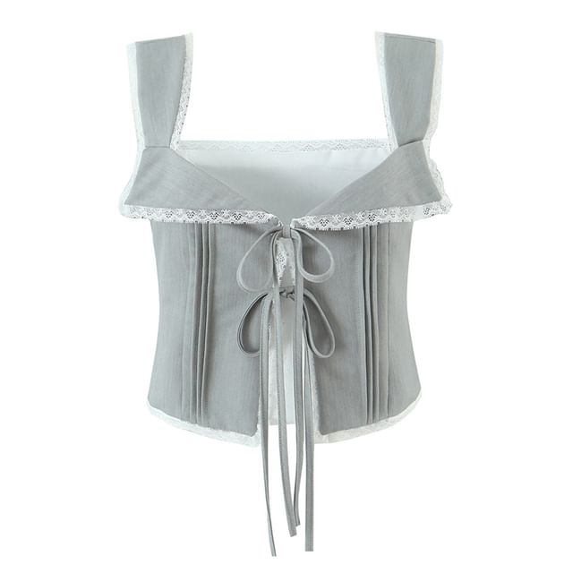 Pintuck Lace Trim Crop Tie Front Tank Top