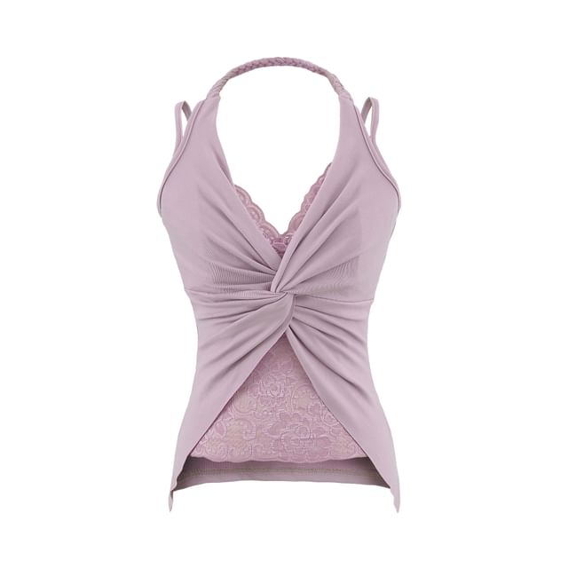 Halter V-Neck Lace Panel Knotted Slim Tank Top