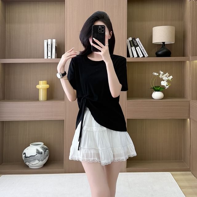 Crew Neck Asymmetrical Tie-Up Tee + High Rise Tiered Lace A-Line Skirt Set
