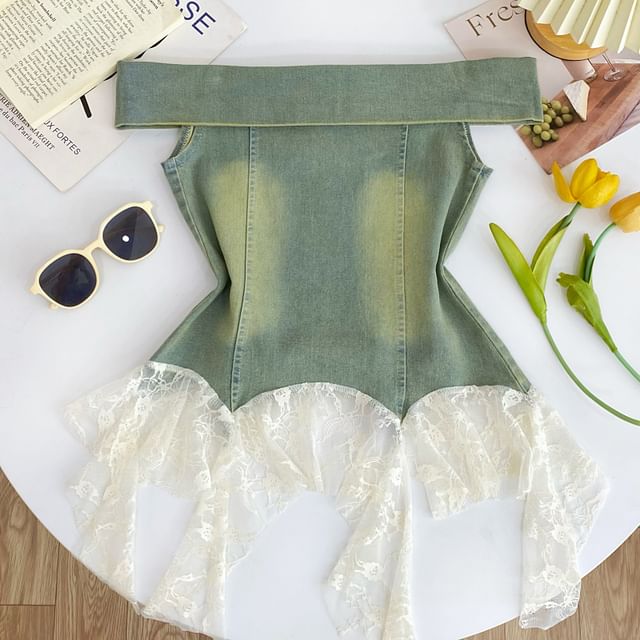 Off-Shoulder Asymmetrical Lace Panel Denim Tank