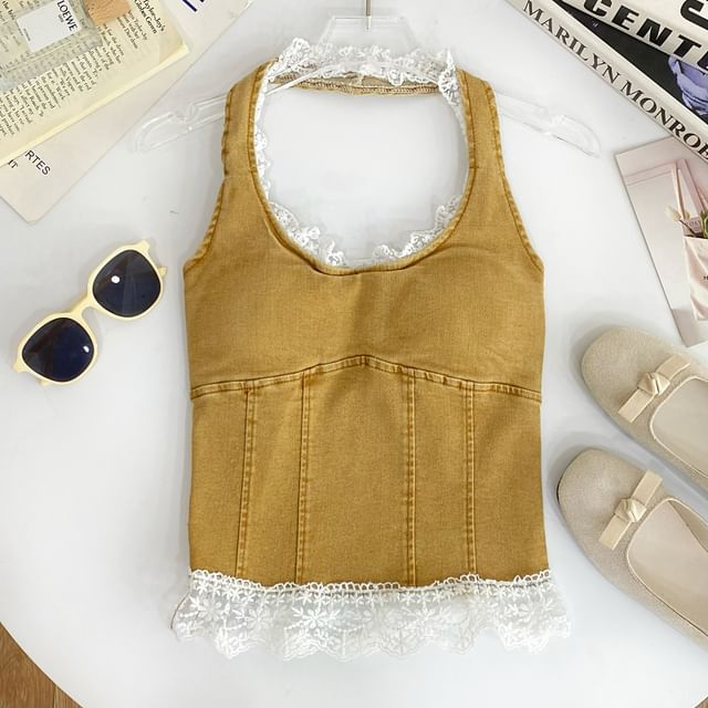 Halter Lace Trim Denim Padded Slim Fit Tank
