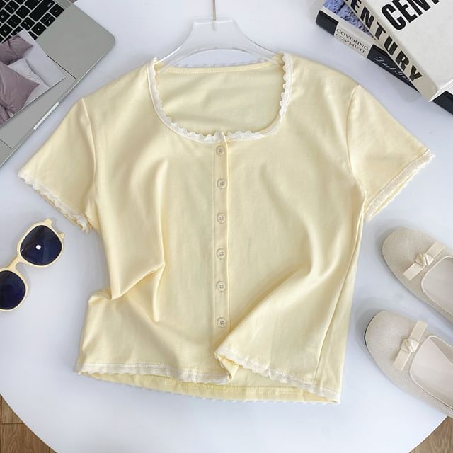 Short-Sleeve Square Neck Lace Trim Button Tee