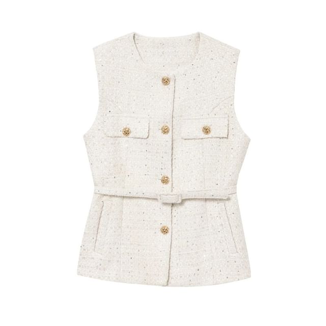 Sleeveless Round Neck Tweed Button Up Vest