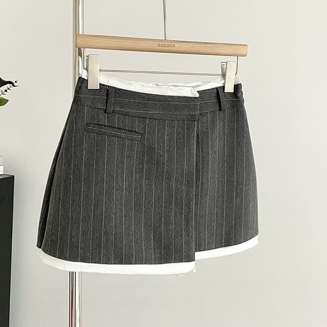 High-Rise Striped Asymmetric Contrast-Trim Mini Flared Skirt