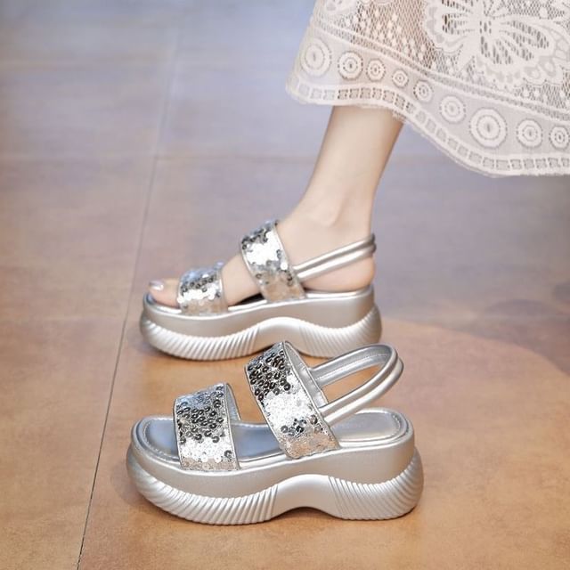 Platform Chunky Heel Sequined Sandals