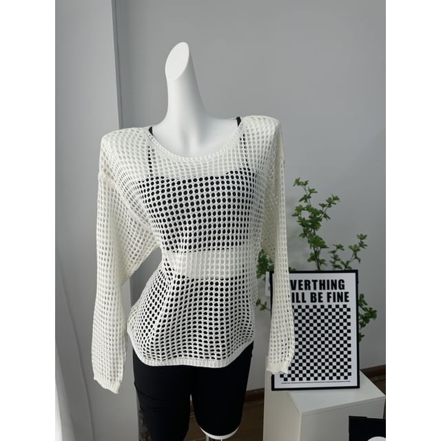 Knit Long-Sleeve Plain Neck Round Perforated Top