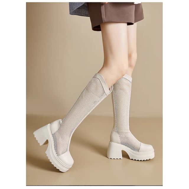 Heel Platform Block Boots Mesh Plain Tall