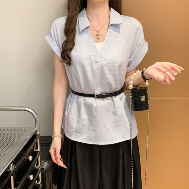 Collared V-Neck Plain Blouse with Belt and Short Sleeves