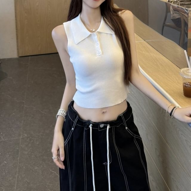 Collar Plain Crop Slim Fit Tank Top / Mid Waist Contrast Stitching Baggy Cargo Pants