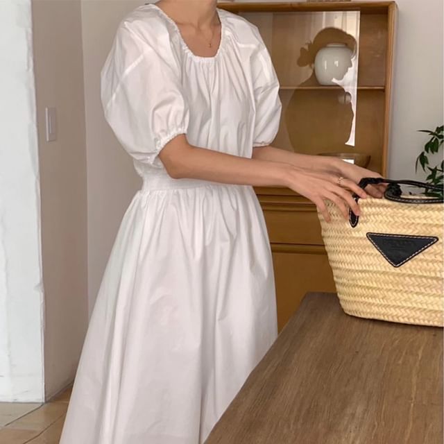 Maxi A-Line Dress with Puff Sleeves and Round Neck - NoBrand
