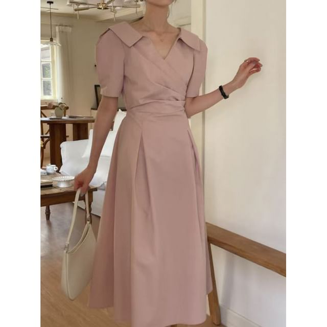 Ruched Wrap Maxi Dress with Short Sleeves and Collar - NoBrand