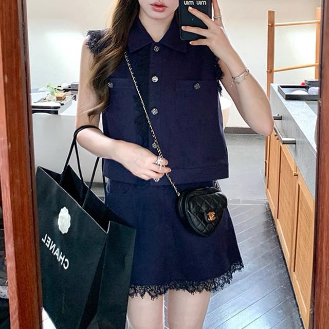Lace-Trimmed Pocket Sleeveless Shirt & Mini A-Line Skirt Set