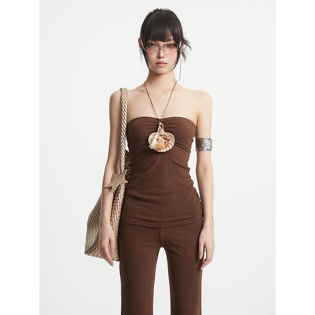 Plain Shirred Tube Top & Bootcut Pants with Shrug
