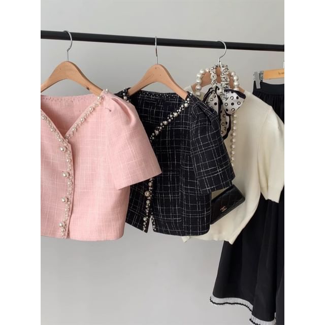 Short Sleeve V-Neck Faux Pearl Beaded Tweed Jacket
