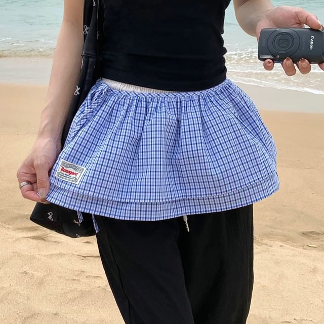 Striped and Plaid Overlay Mini Skirt