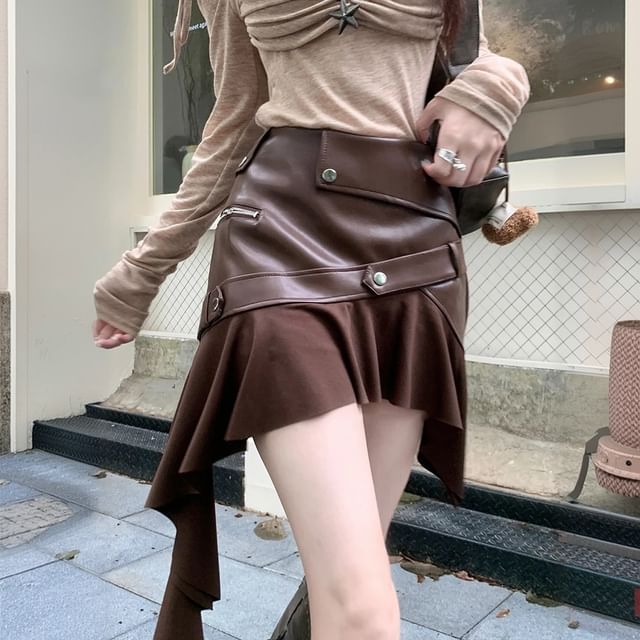 High-Rise Faux Leather Asymmetrical Mini A-Line Skirt