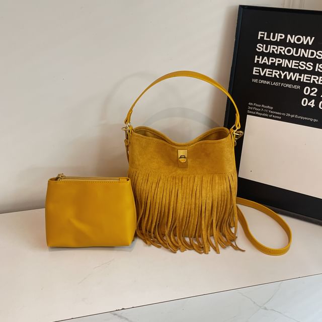 Faux With Suede Plain Crossbody Pouch Fringe Bag