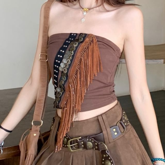 Fringed Studded Crop Tube Top / High Rise Plain Pleated Mini A-Line Skirt / Ruffle Trim Lace Crop Open Front Jacket