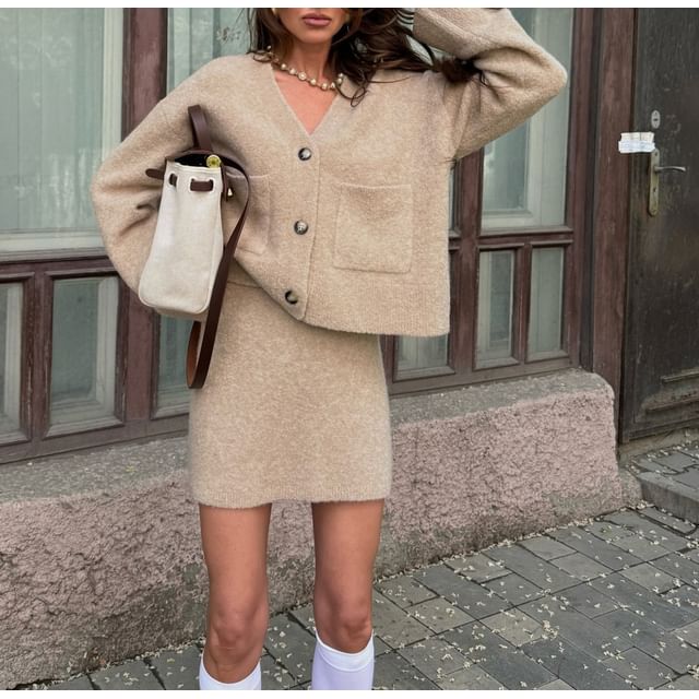 Long Sleeve V-Neck Loose-Fit Cardigan & High-Waist Knit Mini Skirt