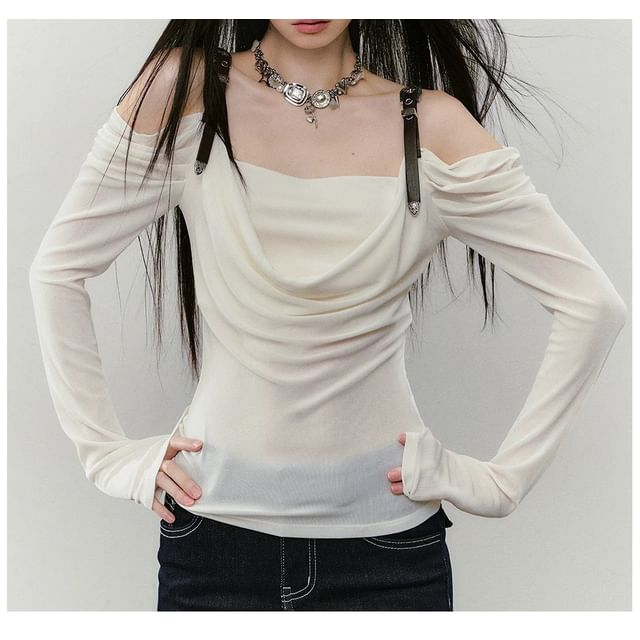 Long-Sleeve Off Shoulder Plain Ruched T-Shirt