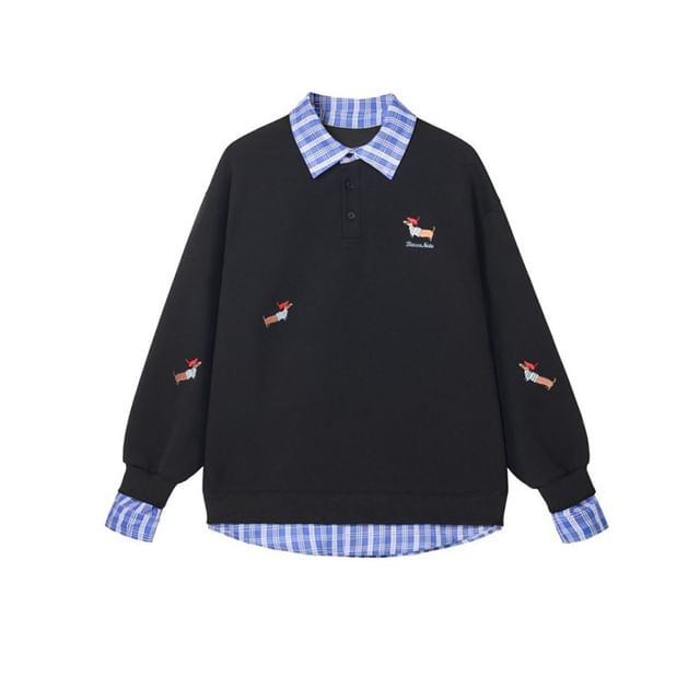 Plaid Trim Dog Embroidered Mock Two-Piece Pullover