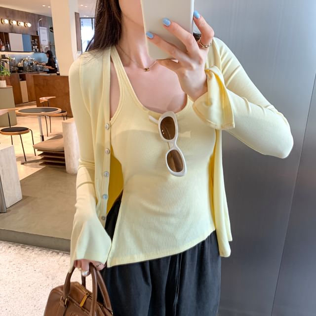 Padded Scoop Neck Slit Crop Tank + Button-Up Cardigan Set