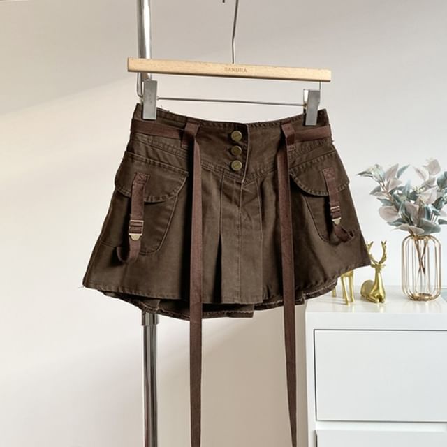 Mid-Rise Pleated Mini A-Line Cargo Skirt