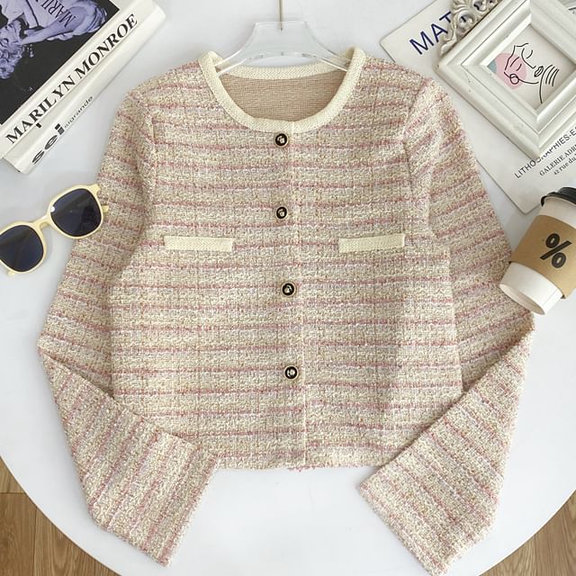 Long Sleeve Round Neck Tweed Cropped Jacket
