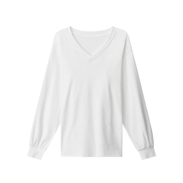 V-Neck Long-Sleeved Plain Lace-Up Back T-Shirt