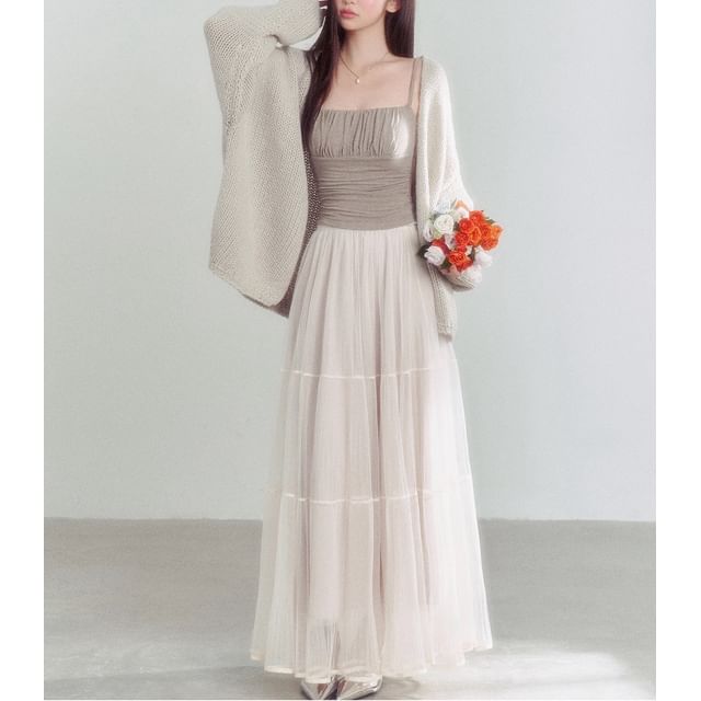Plain Ruched Crop Camisole Top / High Rise Sheer Maxi A-Line Skirt / Open Front Cardigan