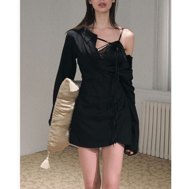 V-Neck Lace Panel Camisole Top / Long-Sleeve Off-Shoulder Plain Asymmetrical Mini A-Line Dress / Undershorts / Set
