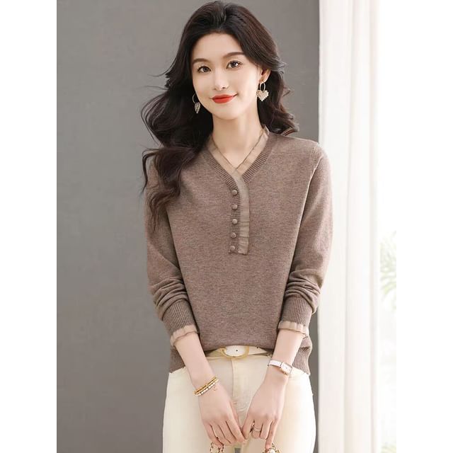 Long-Sleeve Henley Knit Top with Lace Trim