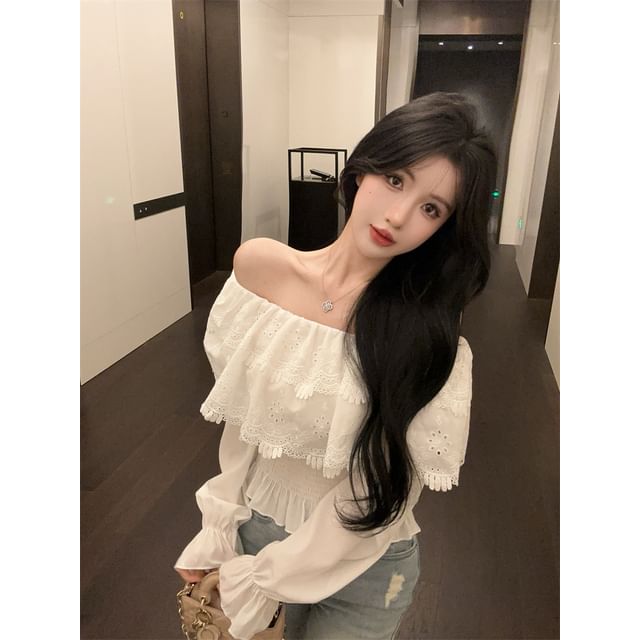 Long-Sleeve Off Shoulder Plain Lace Panel Blouse