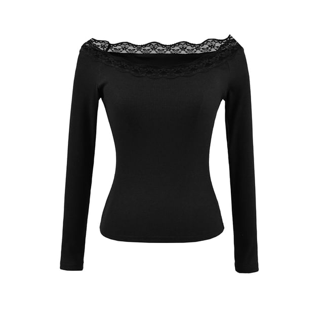 Off-Shoulder Lace-Trimmed Slim-Fit Long-Sleeved Tee