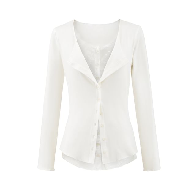 Mock Two-Piece Long-Sleeve Lace Panel Button T-Shirt