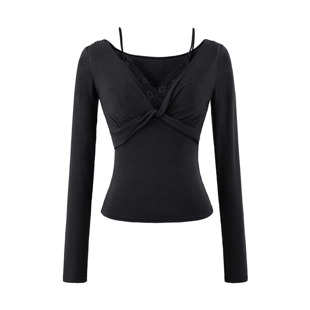 Mock Two-Piece Long-Sleeve V-Neck Plain Knot Lace Panel Slim Fit T-Shirt