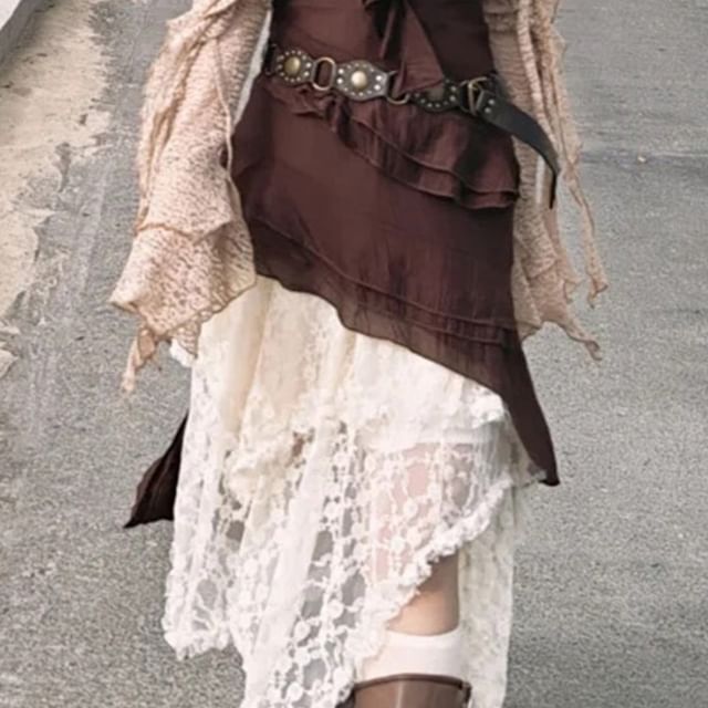 Spaghetti Strap Ruffle Asymmetrical Mini Dress & Cardigan & Midi Skirt